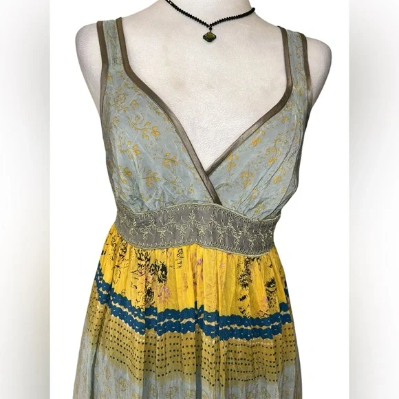 Johnny Was JWLA Boho Maxi Dress Small Rayon Yellow Blue Floral Embroidered - Picture 3 of 8